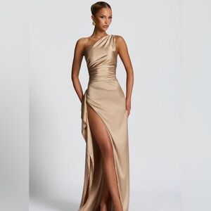 One-Shoulder Satin Evening Gown in Champagne- New With Tag